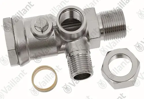 Vaillant Wartungshahn aus Edelstahl mit mehreren Anschlussmöglichkeiten und einem Dichtungselement, geeignet für die Montage an Heizsystemen.